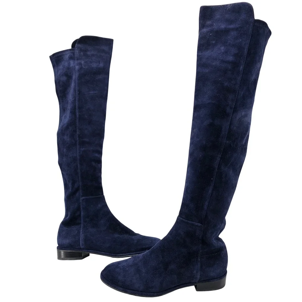Stuart Weitzman Over The Knee 5050 Boots Navy Blue Suede Stretch 1